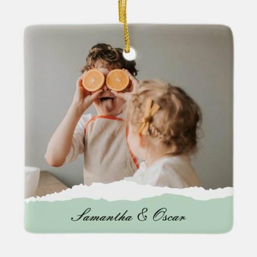 Moderne familie foto & persoonlijke naam Mint Gift Keramisch Ornament (Voorkant)