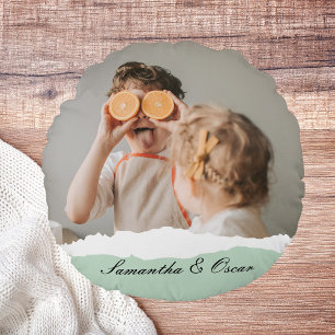 Moderne familie foto & persoonlijke naam Mint Gift Rond Kussen