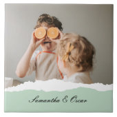 Moderne familie foto & persoonlijke naam Mint Gift Tegeltje (Voorkant)