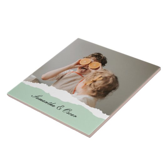 Moderne familie foto & persoonlijke naam Mint Gift Tegeltje (Zijkant)