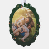 Moderne familie foto rustieke kerst Feestdagen Ornament Kaart (Links)