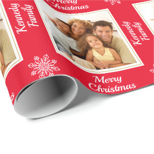 Moderne familie foto sneeuwvlok rood vrolijk kerst cadeaupapier