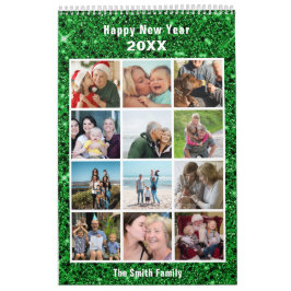 Moderne Familie Fotocollage Groene Glitter Custom Kalender
