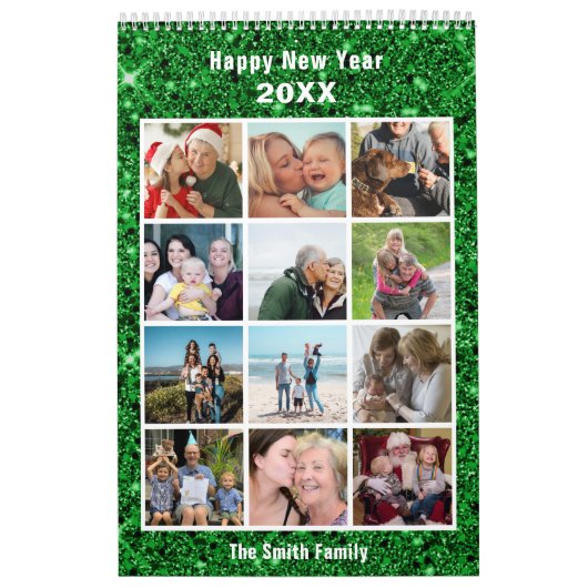Moderne Familie Fotocollage Groene Glitter Custom Kalender (Hoes)