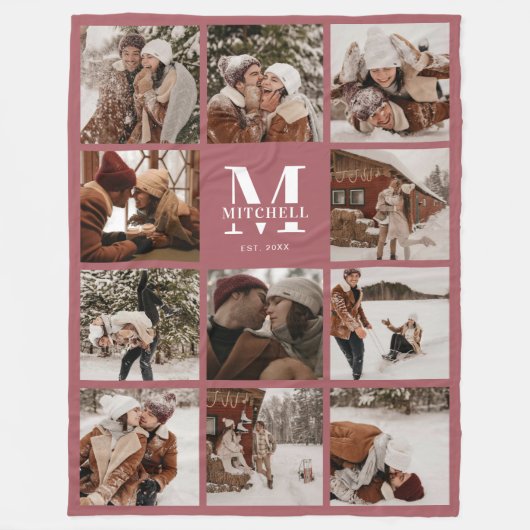 Moderne Familie Fotocollage Monogrammed Dusty Pink Fleece Deken (Voorkant)