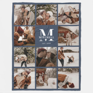 Moderne Familie Fotocollage Monogrammed Marine Bla Fleece Deken