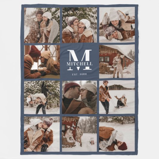 Moderne Familie Fotocollage Monogrammed Marine Bla Fleece Deken (Voorkant)