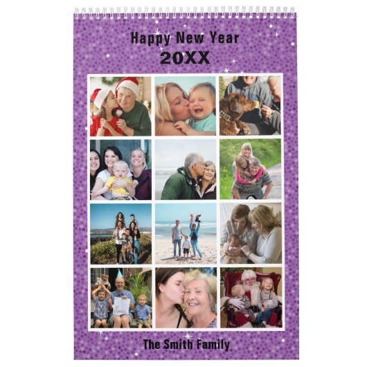 Moderne Familie Fotocollage Paarse Glitter Custom Kalender (Hoes)