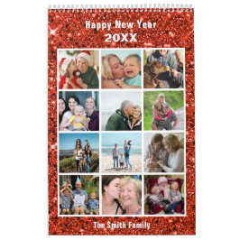 Moderne Familie Fotocollage Rode Glitter Custom Kalender