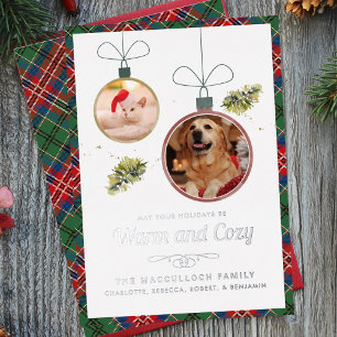 Moderne Familie Huisdier Foto's Kerstmis Tartan Folie Feestdagenkaart