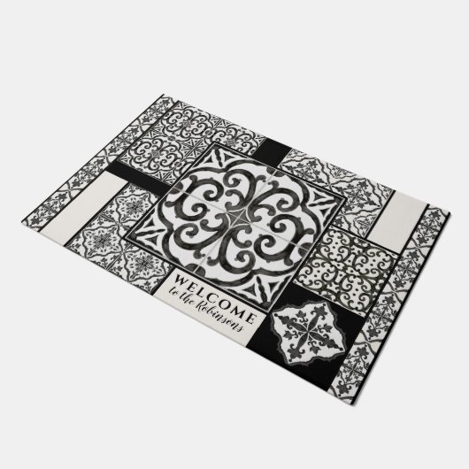 Moderne familie van zwarte en witte Waterverf Deurmat (Schuin)