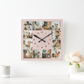 Moderne Familiefoto Collage Blush Pink Keepsake Vierkante Klok (Huis)