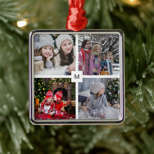 Moderne familiefoto collage monogramma Kerstmis Metalen Ornament (Boom)