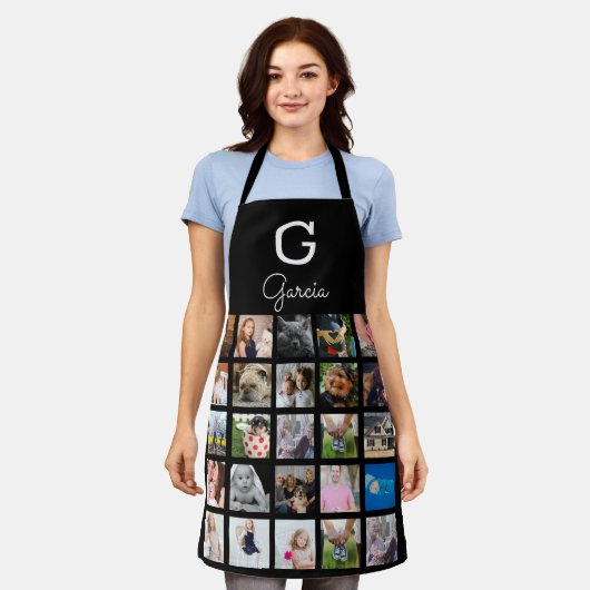 Moderne familiefoto-collage & naam schort (Gedragen)