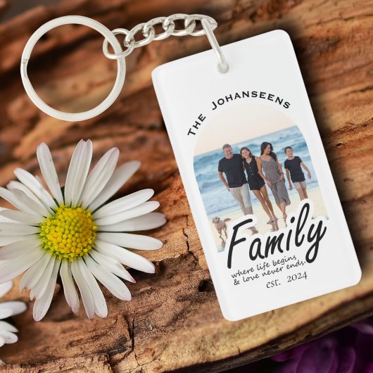 Moderne familiefoto Elegante scriptnaam Keepsake Sleutelhanger