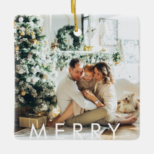 Moderne familiefoto en Happy Holiday & Merry Keramisch Ornament (Voorkant)