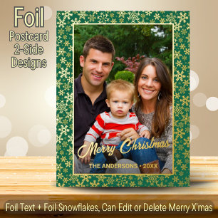 Moderne familiefoto kerstelegant script groen folie feestdagen briefkaart
