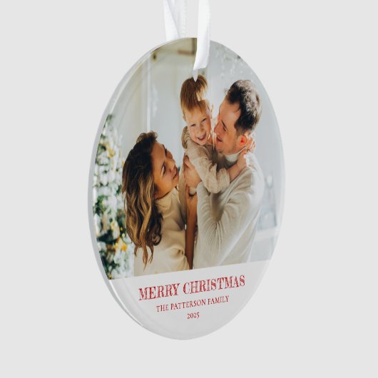 Moderne Familiefoto Kerstrood Ornament (voorkant)