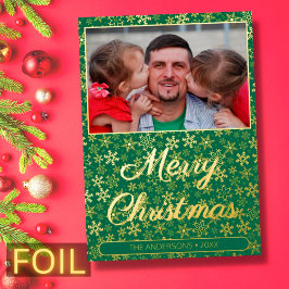 Moderne familiefoto kerstsnowflakes groen folie feestdagenkaart
