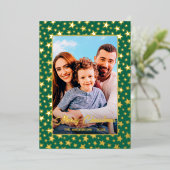Moderne familiefoto kerststerren script groen folie feestdagenkaart (Staand Voorkant)