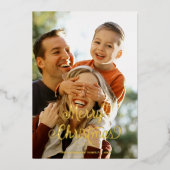 Moderne familiefoto Merry Kerstmis Tartan Folie Feestdagenkaart (Voorkant)