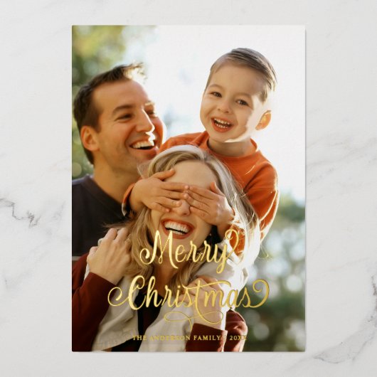 Moderne familiefoto Merry Kerstmis Tartan Folie Feestdagenkaart (Voorkant)