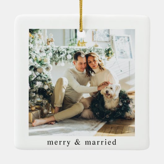 Moderne familiefoto Merry & Married Keramisch Ornament (Achterkant)