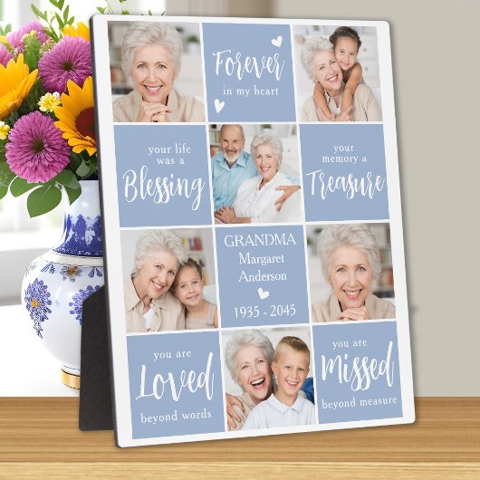 Moderne familiefotocollage met herdenking en geper fotoplaat