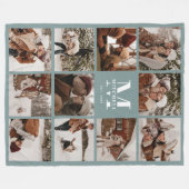 Moderne Familiefotocollage Monogrammed Sage Green Fleece Deken (Voorkant (Horizontaal))