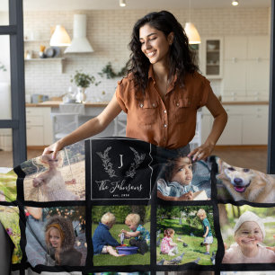 Moderne familiefoto's zwart-wit monogram fleece deken