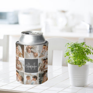 Moderne familiekollage foto's en persoonlijke cade blikjeskoeler