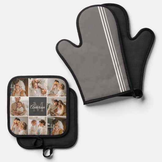 Moderne familiekollage foto's en persoonlijke cade ovenwant & pannenlap set (Voorkant / Achterkant)