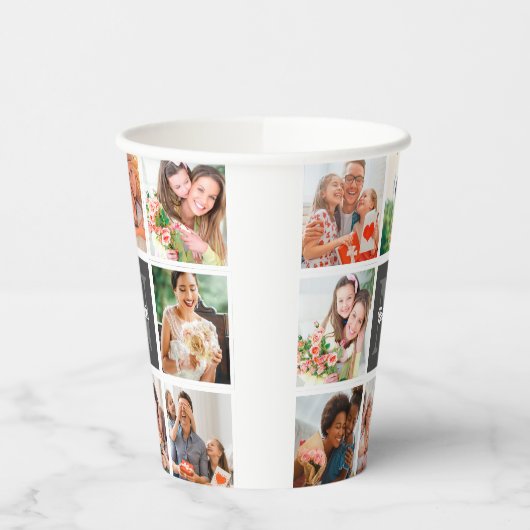 Moderne familiekollage foto's en persoonlijke cade papieren bekers (Links)