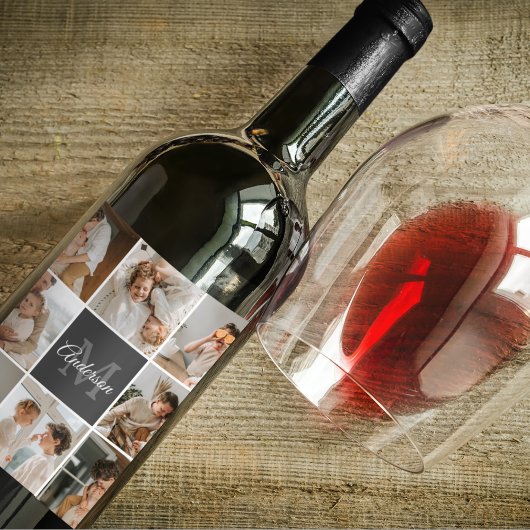 Moderne familiekollage foto's en persoonlijke cade wijn etiket