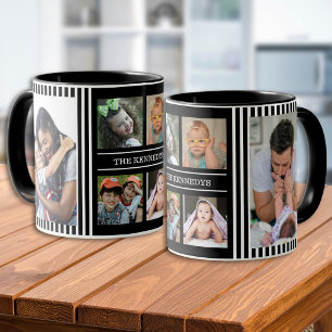 Moderne familienaam 6 foto collage zwart gestreept mok