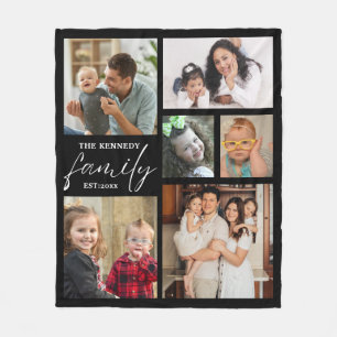 Moderne familienaam 6 fotocollage zwart fleece deken