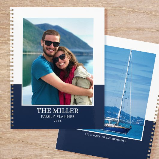 Moderne familienaam aangepast 2 foto Navy Wit Planner