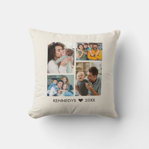 Moderne familienaam-herinnering met 4-fotocollage kussen
