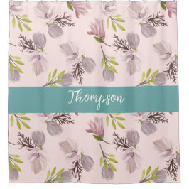 Moderne familienaam schattig floraal script roze,  douchegordijn