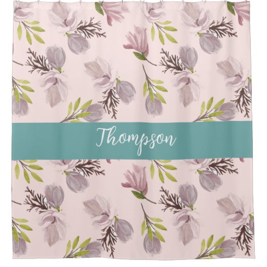 Moderne familienaam schattig floraal script roze, douchegordijn (Voorkant)