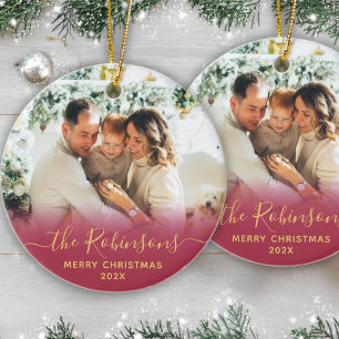 Moderne familienaam Script Foto Vrolijk Kerstfeest Keramisch Ornament