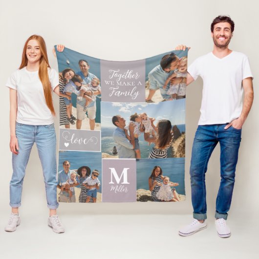 Moderne FAMILY Photo Collage Monogram Name 5 foto' Fleece Deken (In situ)