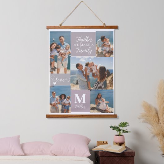 Moderne FAMILY Photo Collage Monogram Name 5 foto' Hangend Wandkleed (Slaapkamer)