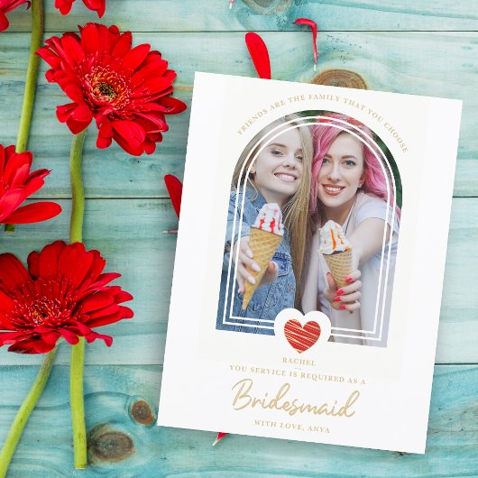 Moderne Fancy Bridesmaid Red Heart-foto Voorstel Briefkaart