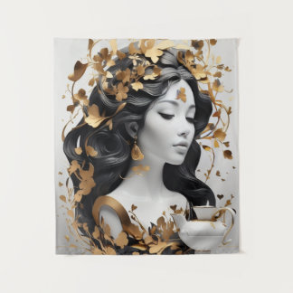 Moderne Fantasie Kunst in Zwart en Goud Wandkleed