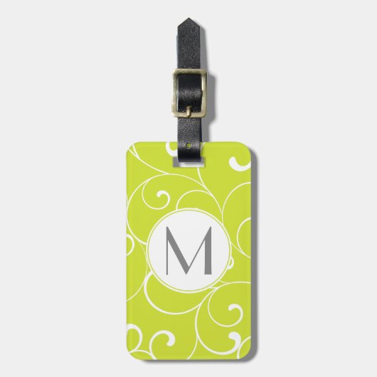 Moderne Fantasiekrullen Limegroene Monogram Bagagelabel (Voorkant verticaal)
