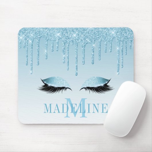Moderne, fashionable Blue Glitter Lashes Monogram Muismat (Met muis)