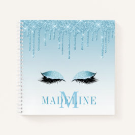 Moderne, fashionable Blue Glitter Lashes Monogram Notitieboek