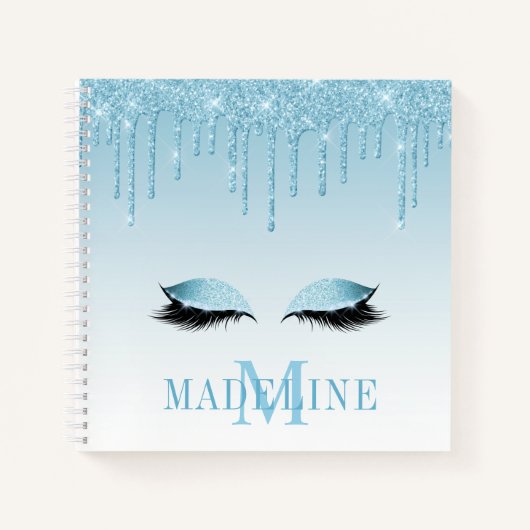 Moderne, fashionable Blue Glitter Lashes Monogram Notitieboek (Voorkant)