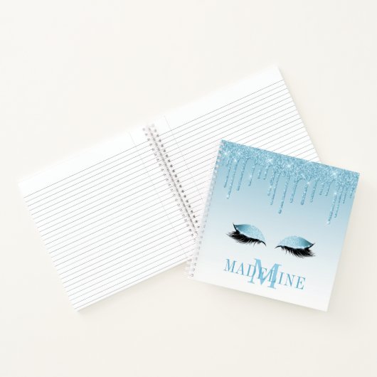 Moderne, fashionable Blue Glitter Lashes Monogram Notitieboek (Binnen)